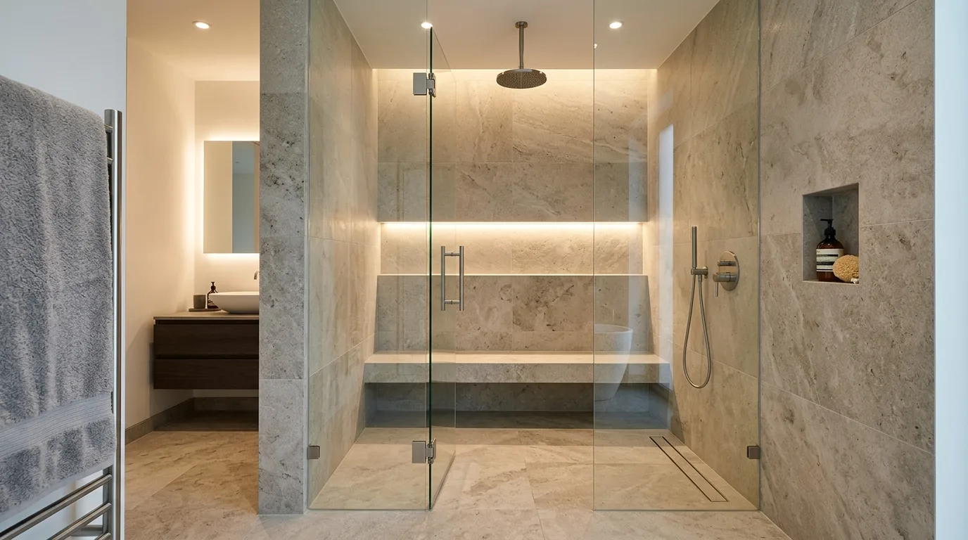 Use oversized stone tile in the shower inspiration for a tiled bathroom.
